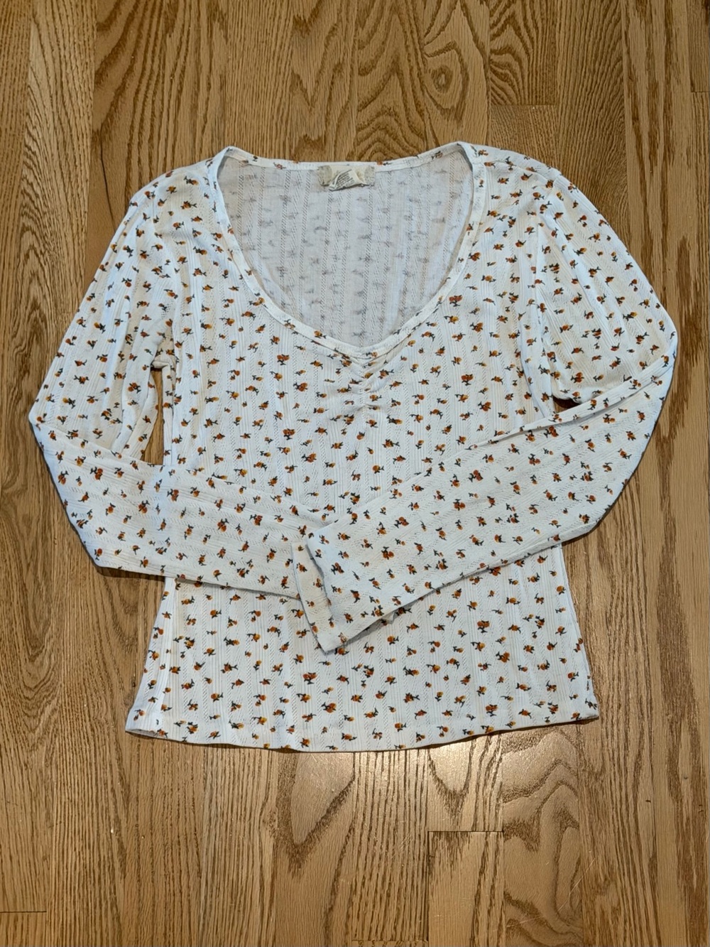 Altar'd State Cream Ribbed Long-Sleeve Floral Top